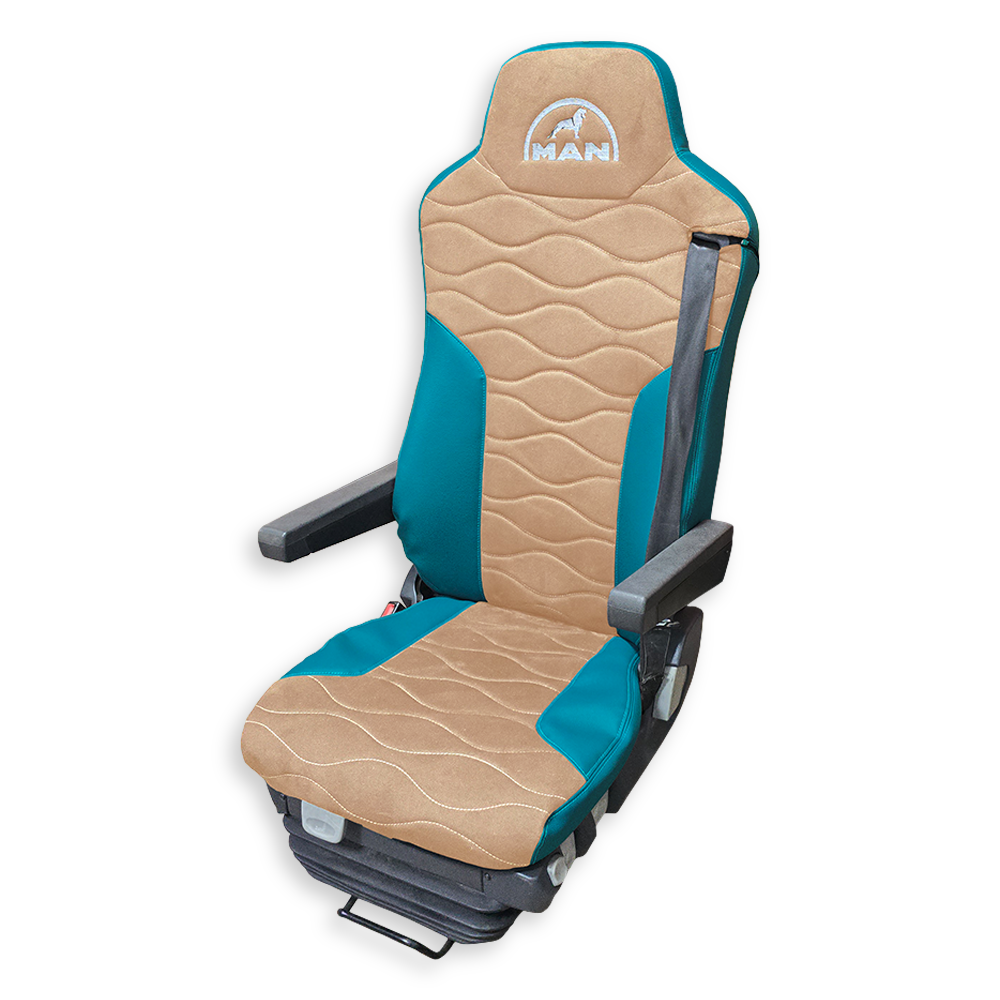 Чехол на сиденья Twin MAN TGX,TGA,TGL,TGM,TGS; (2007-2020) 2 ремня, водитель и пассажир (Низкий) бежевая алькантара - бирюзовая кожа