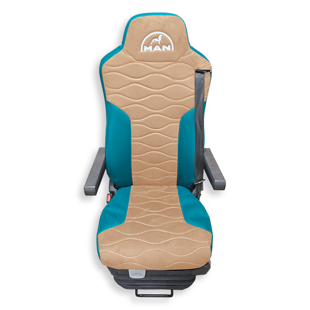 Чехол на сиденья Twin MAN TGX,TGA,TGL,TGM,TGS; (2007-2020) 2 ремня, водитель и пассажир (Низкий) бежевая алькантара - бирюзовая кожа