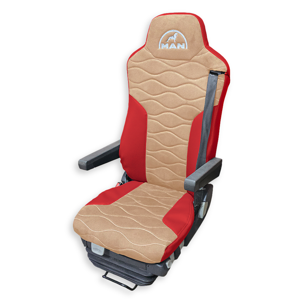 Чохол на сидіння Twin MAN TGX,TGA,TGL,TGM,TGS; (2007-2020) 2 ременя, водій та пасажир (Низький) бежева алькантара - червона шкіра