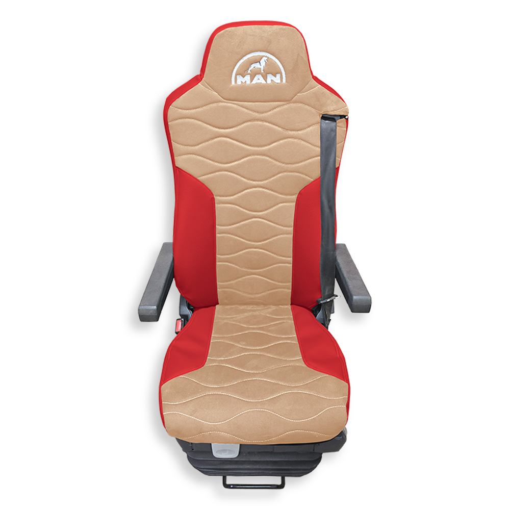Чохол на сидіння Twin MAN TGX,TGA,TGL,TGM,TGS; (2007-2020) 2 ременя, водій та пасажир (Низький) бежева алькантара - червона шкіра