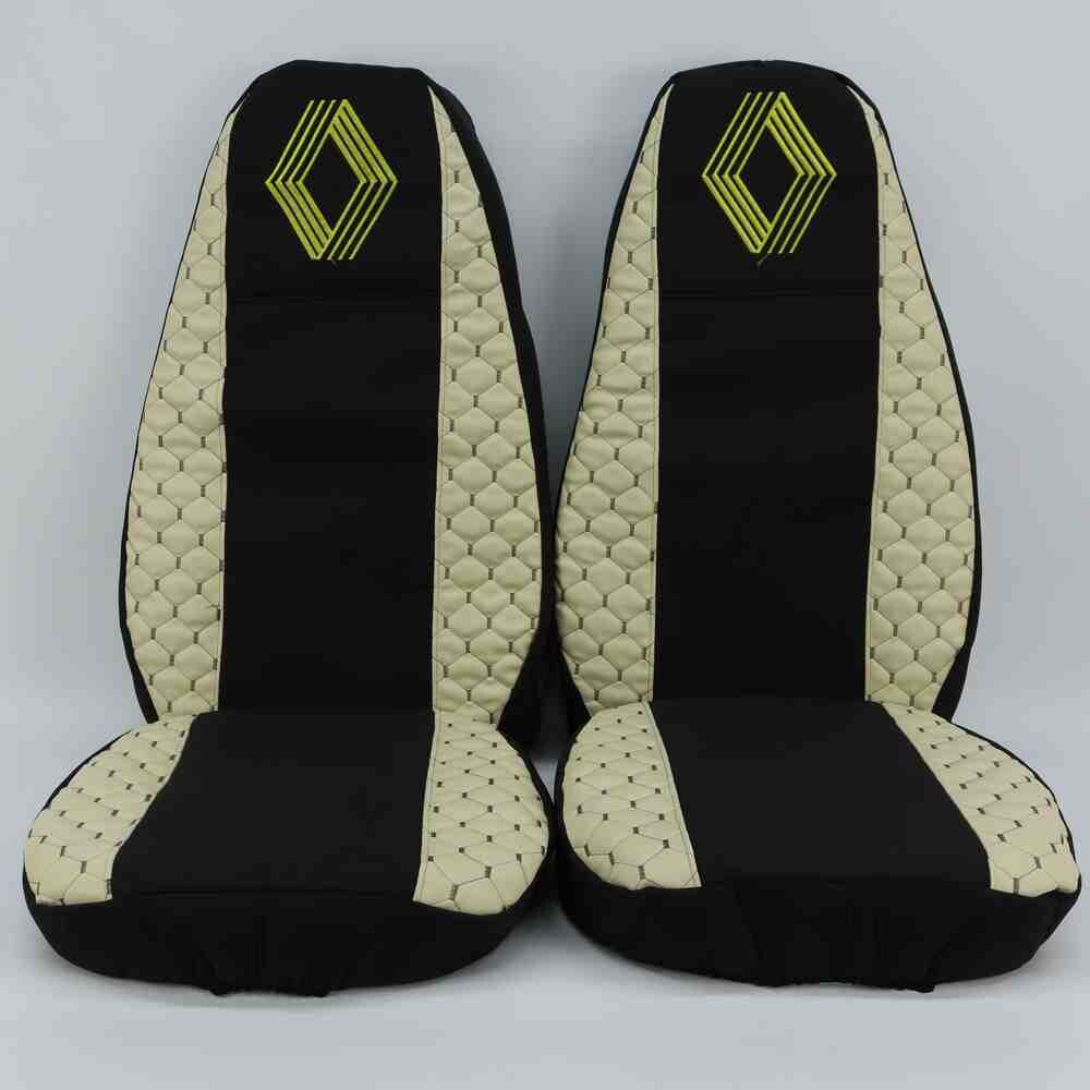 Чохол на сидіння Екошкіра, Renault Magnum (2001-2013) водій, пасажир поворотне сидіння,чорна серед. бежеві боки