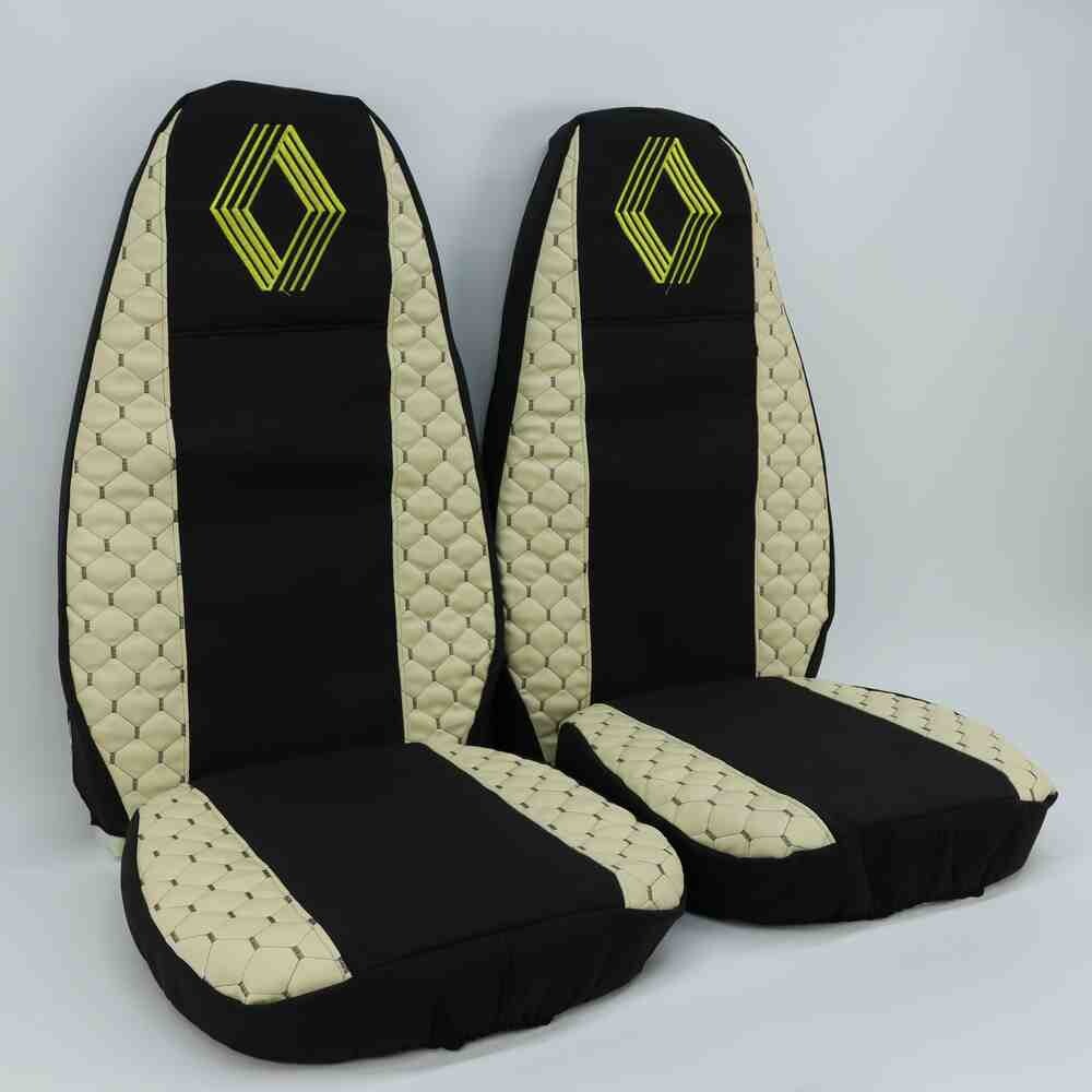 Чохол на сидіння Екошкіра, Renault Magnum (2001-2013) водій, пасажир поворотне сидіння,чорна серед. бежеві боки