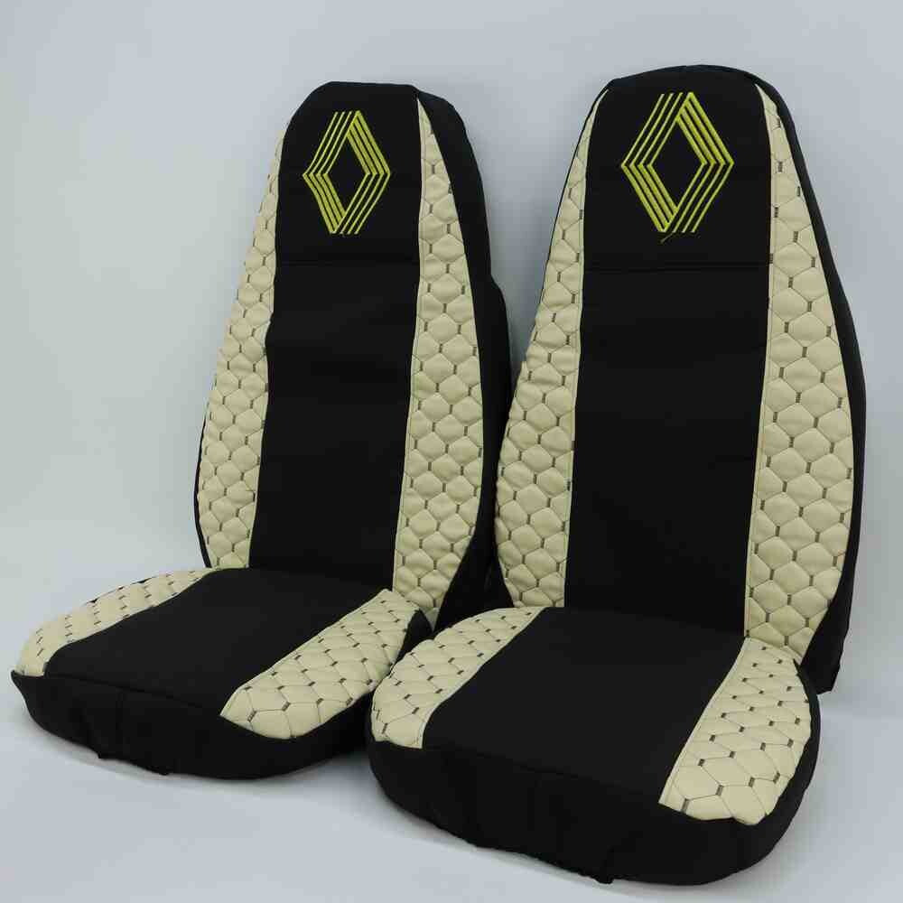 Чохол на сидіння Екошкіра, Renault Magnum (2001-2013) водій, пасажир поворотне сидіння,чорна серед. бежеві боки