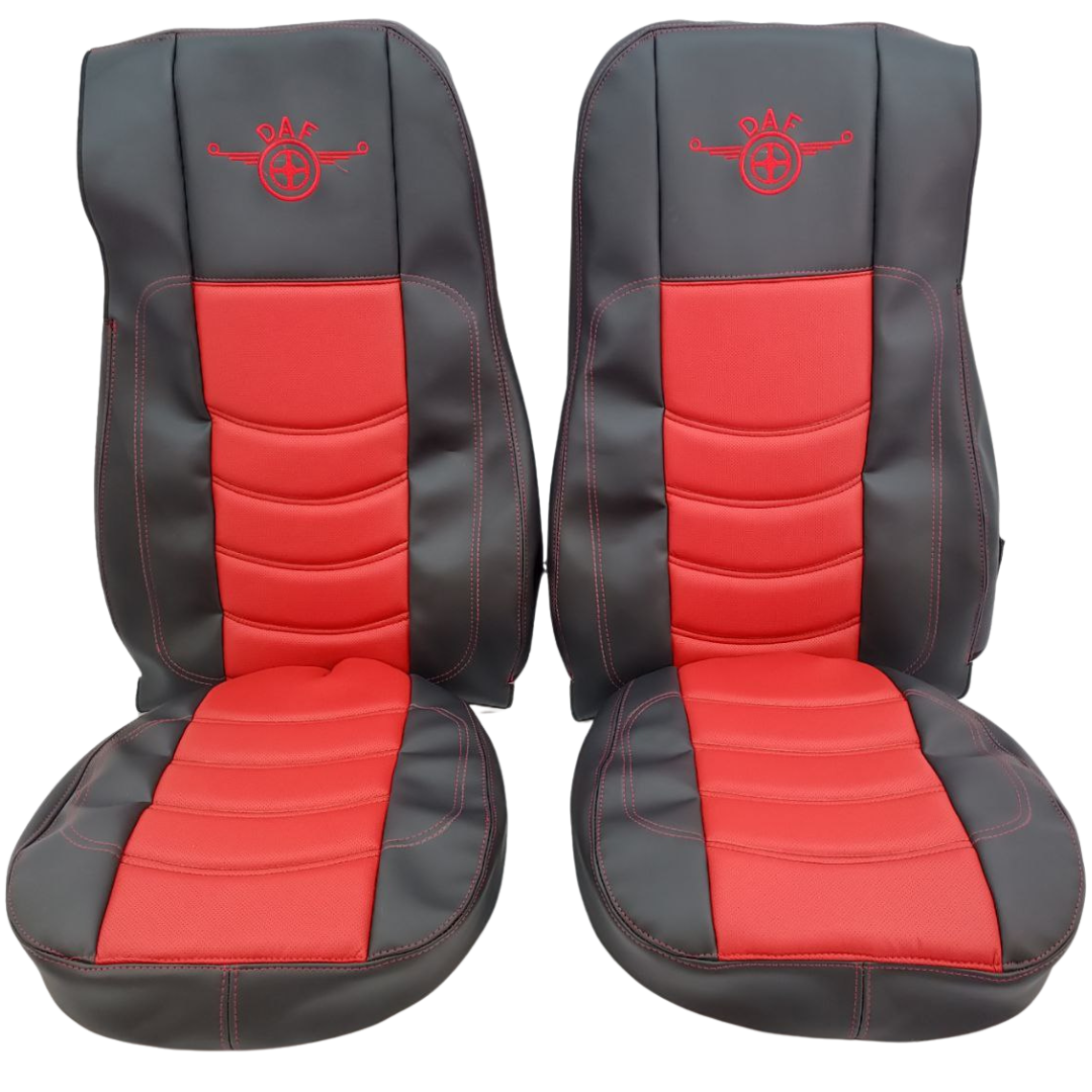 Чохол на сидіння DAF XF105 106 XG CF85 LF (2013-2024) перфорована шкіра червона - боки чорна Чохол на сидіння DAF XF105 106 XG CF85 LF (2013-2024) перфорована шкіра червона - боки чорна