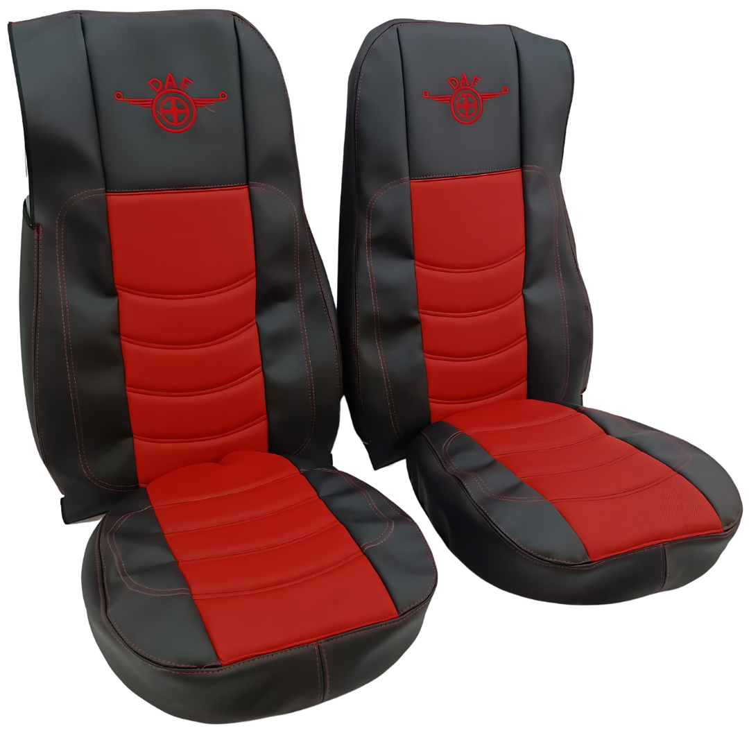 Чохол на сидіння DAF XF105 106 XG CF85 LF (2013-2024) перфорована шкіра червона - боки чорна Чохол на сидіння DAF XF105 106 XG CF85 LF (2013-2024) перфорована шкіра червона - боки чорна