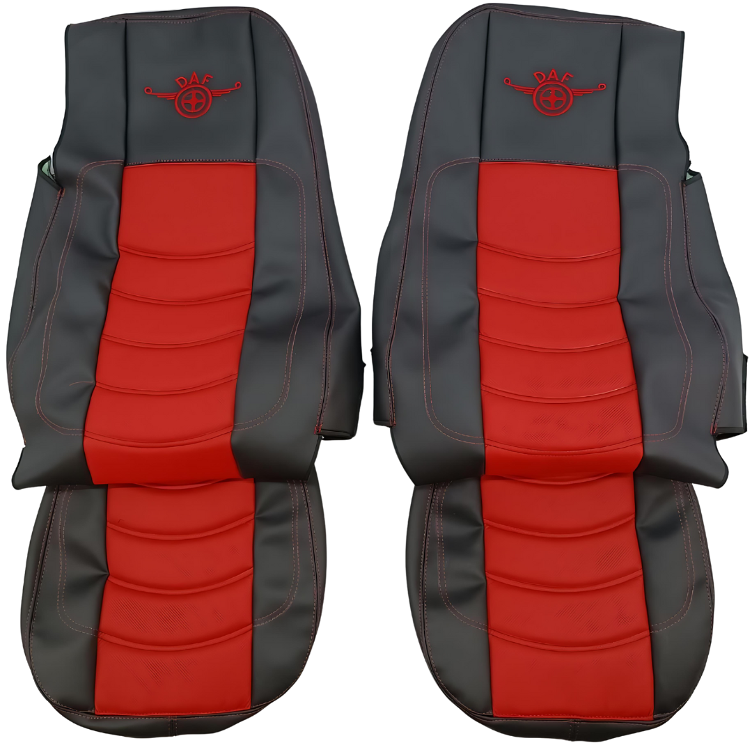 Чохол на сидіння DAF XF105 106 XG CF85 LF (2013-2024) перфорована шкіра червона - боки чорна Чохол на сидіння DAF XF105 106 XG CF85 LF (2013-2024) перфорована шкіра червона - боки чорна