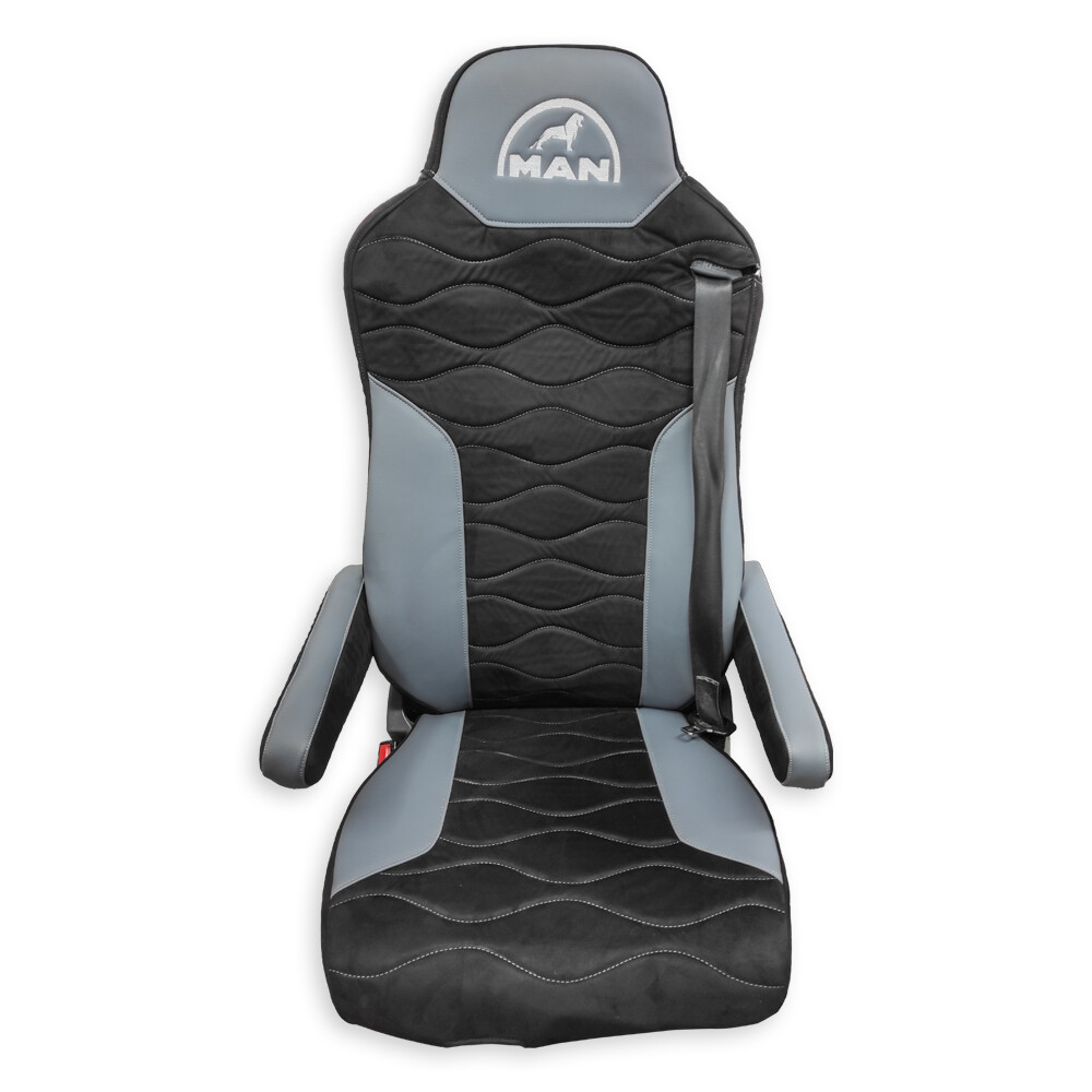 Чехол на сиденья Twin MAN TGX,TGA,TGL,TGM,TGS; (2005-2020) 2 ременя, водитель (Низкий) пассажир (Косое плечё) т.серая алькантара - т. серая кожа Чехол на сиденья Twin MAN TGX,TGA,TGL,TGM,TGS; (2005-2020) 2 ременя, водитель (Низкий) пассажир (Косое плечё) т.серая алькантара - т. серая кожа