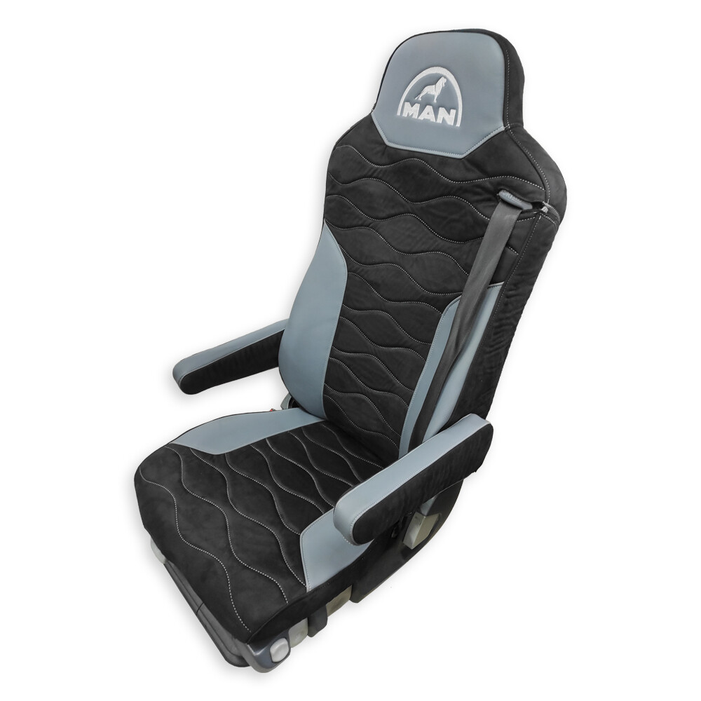 Чехол на сиденья Twin MAN TGX,TGA,TGL,TGM,TGS; (2005-2020) 2 ременя, водитель (Низкий) пассажир (Косое плечё) т.серая алькантара - т. серая кожа Чехол на сиденья Twin MAN TGX,TGA,TGL,TGM,TGS; (2005-2020) 2 ременя, водитель (Низкий) пассажир (Косое плечё) т.серая алькантара - т. серая кожа