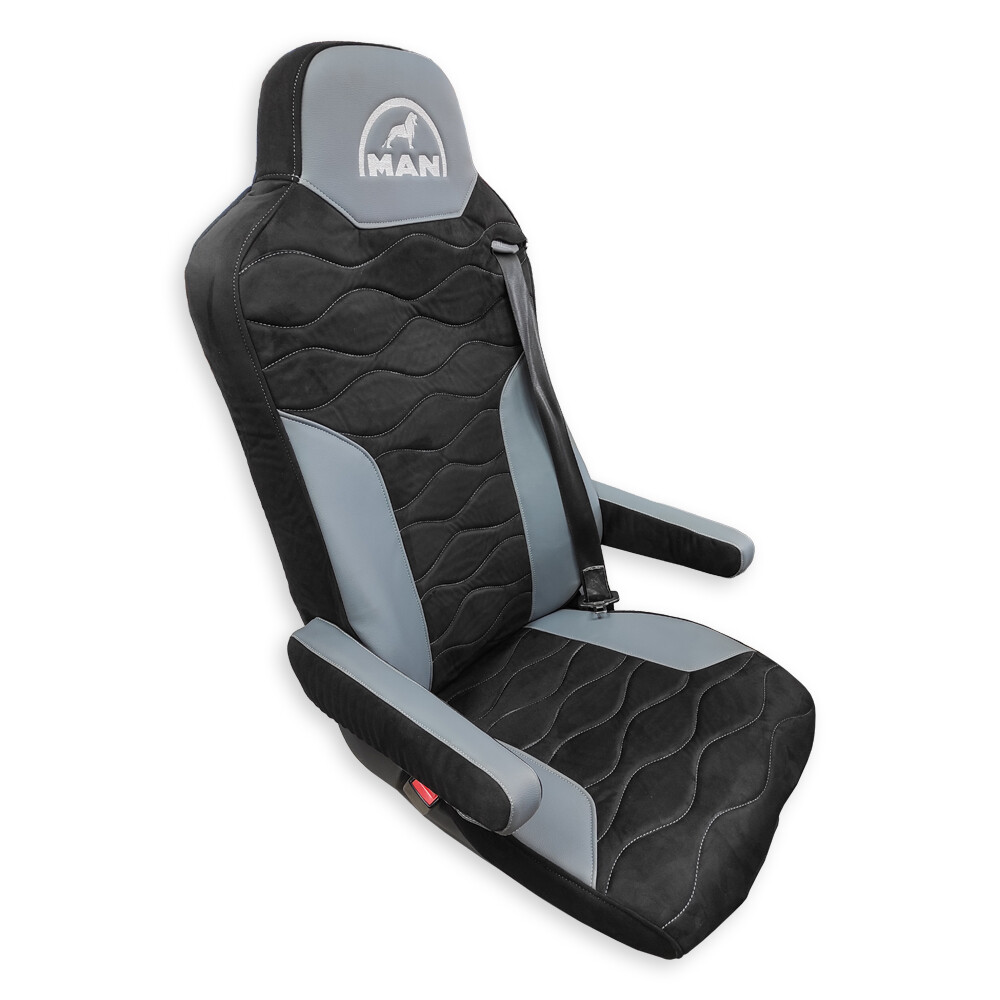 Чехол на сиденья Twin MAN TGX,TGA,TGL,TGM,TGS; (2005-2020) 2 ременя, водитель (Низкий) пассажир (Косое плечё) т.серая алькантара - т. серая кожа Чехол на сиденья Twin MAN TGX,TGA,TGL,TGM,TGS; (2005-2020) 2 ременя, водитель (Низкий) пассажир (Косое плечё) т.серая алькантара - т. серая кожа