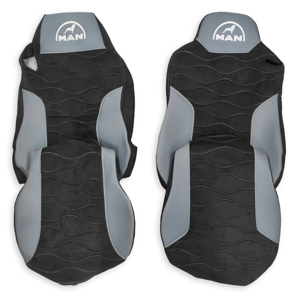 Чехол на сиденья Twin MAN TGX,TGA,TGL,TGM,TGS; (2005-2020) 2 ременя, водитель (Низкий) пассажир (Косое плечё) т.серая алькантара - т. серая кожа Чехол на сиденья Twin MAN TGX,TGA,TGL,TGM,TGS; (2005-2020) 2 ременя, водитель (Низкий) пассажир (Косое плечё) т.серая алькантара - т. серая кожа