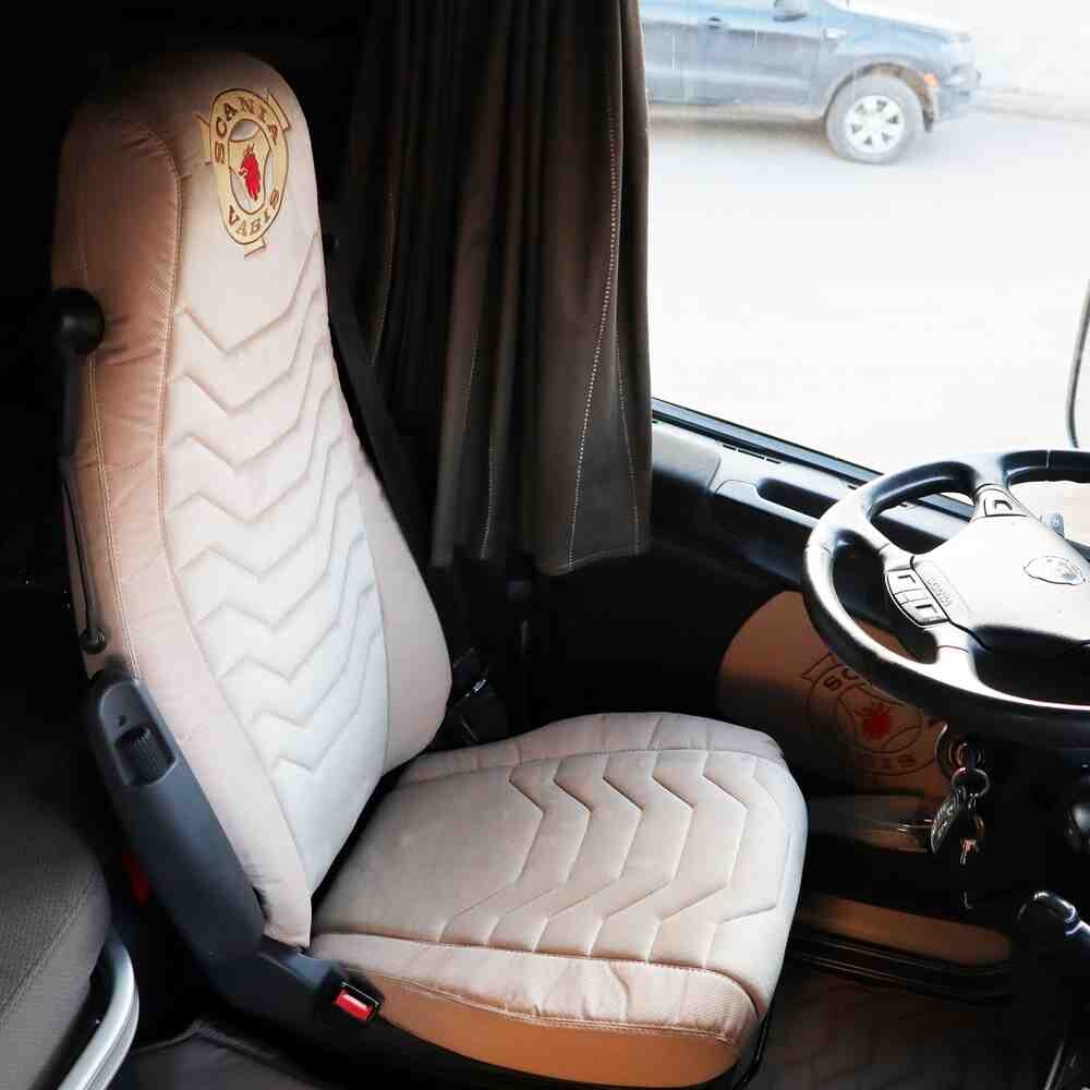 Чехол на сиденья SCANIA R,G,P (2004-2017) водит. пилот - пасс. складное, бежевый велюр - светло-бежевая перфорация.Антара