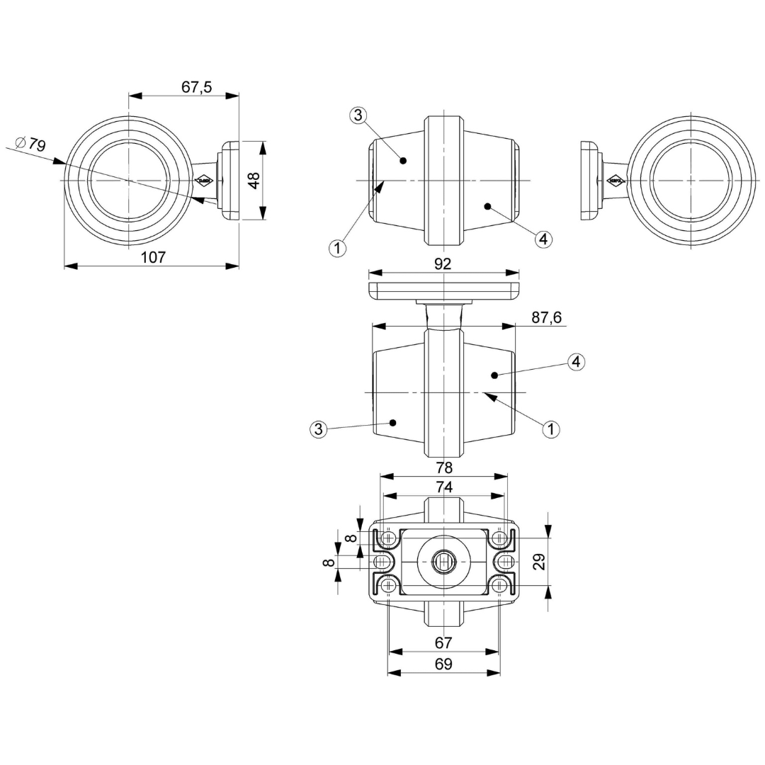 Фонарь габаритный рог NEON желто-красный107мм 12/24V HORPOL
