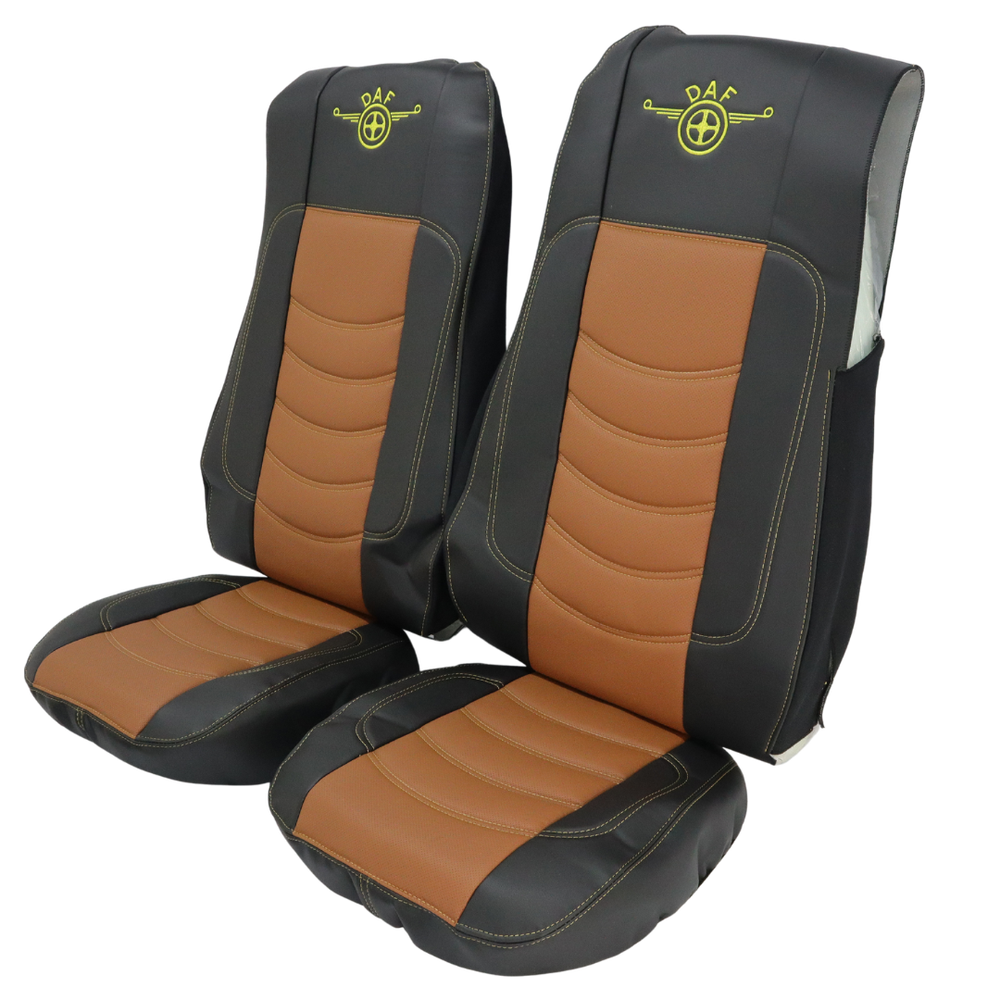 Чехол на сиденья DAF XF105 106 XG CF85 LF (2013-2024) перфор.кожа коричневая - бока черн. Чехол на сиденья DAF XF105 106 XG CF85 LF (2013-2024) перфор.кожа коричневая - бока черн.