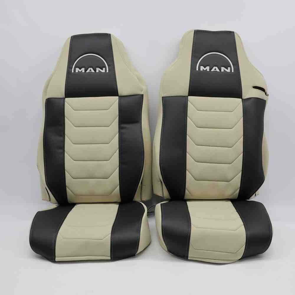 Чехол на сиденья Chess MAN TGX,TGA,TGL,TGM,TGS; (2007-2020) 1 ремень, водитель (Низкий) пассажир (Высокий) бежевый велюр-черная кожа