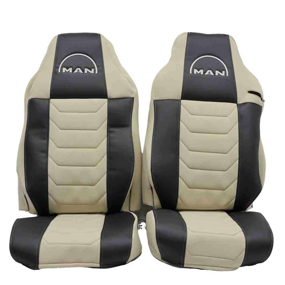 Чехол на сиденья Chess MAN TGX,TGA,TGL,TGM,TGS; (2007-2020) 1 ремень, водитель (Низкий) пассажир (Высокий) бежевый велюр-черная кожа
