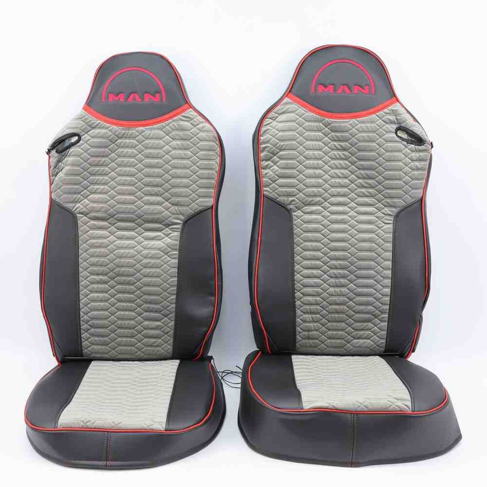 Чохол на сидіння KADIFE Велюр+Екошкіра MAN TGX,TGA,TGL,TGM,TGS; (2007-2020) 2 ременя, водій та пасажир (Низький) чорна шкіра+сірий велюр
