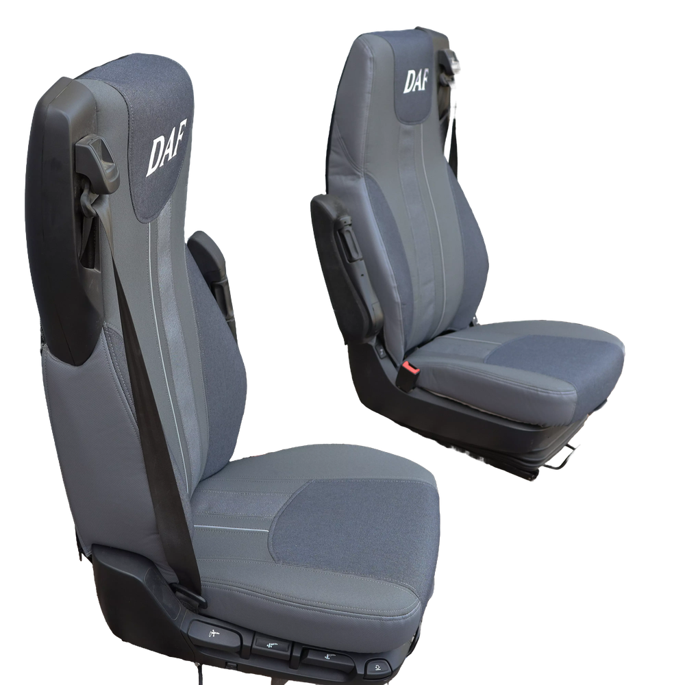Чехол на сиденья DAF XF105 106 XG CF85 LF (2013-2024) асимметрия шир. спинка серый ST Чехол на сиденья DAF XF105 106 XG CF85 LF (2013-2024) асимметрия шир. спинка серый ST