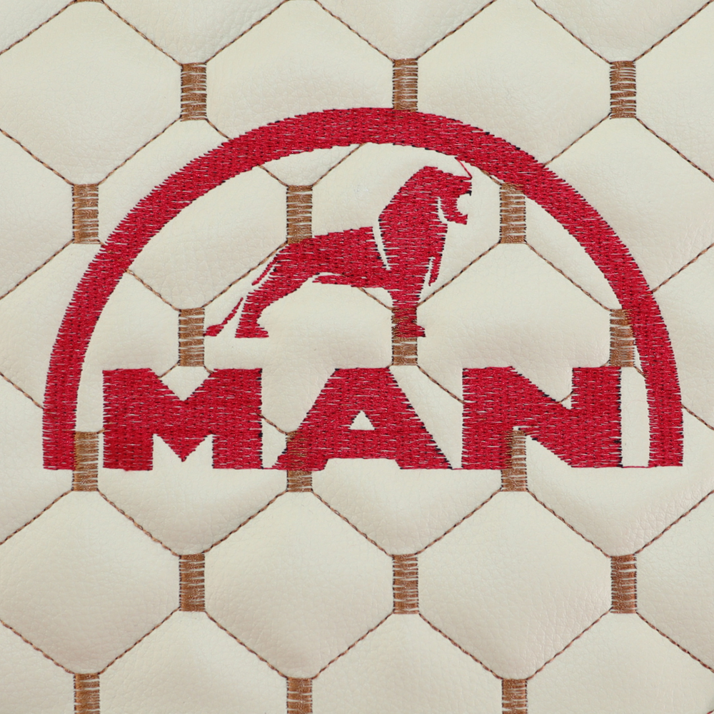 Чехол на сиденья MAN TGX,TGA,TGL,TGM,TGS; (2007-2020) 1 ремень, водитель (Низкий) пассажир (Высокий) (красный велюр - бежевая кожа)