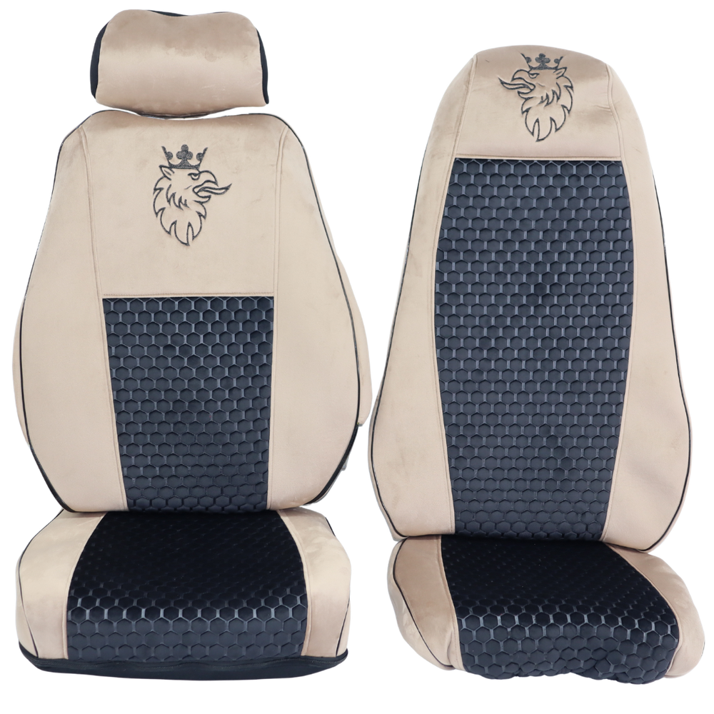 Чехол на сиденья SCANIA R,G,P (2004-2017) водит. пилот - пасс. складное, Черная сота - велюр капучино Чехол на сиденья SCANIA R,G,P (2004-2017) водит. пилот - пасс. складное, Черная сота - велюр капучино