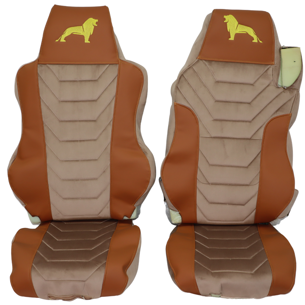 Чехол на сиденья MAN TGX,TGA,TGL,TGM,TGS; (2005-2020) 1 ремень водитель "коричневая кожа" бежевый велюр