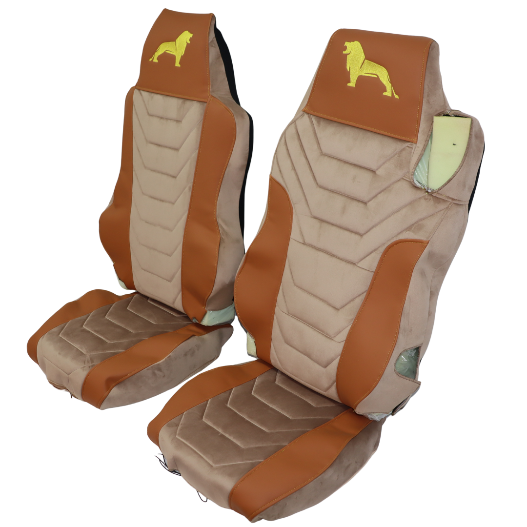 Чехол на сиденья MAN TGX,TGA,TGL,TGM,TGS; (2005-2020) 1 ремень водитель "коричневая кожа" бежевый велюр