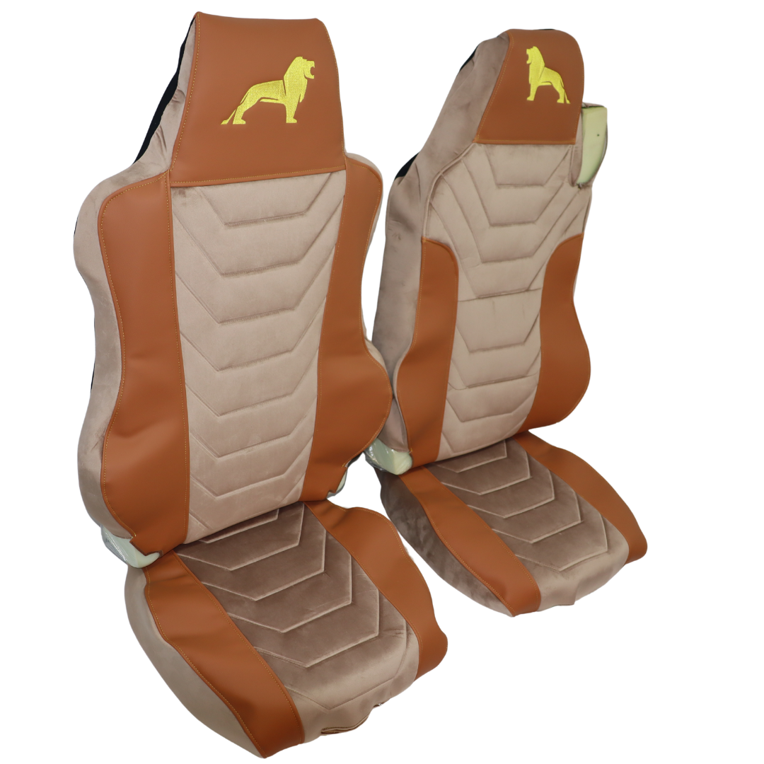 Чехол на сиденья MAN TGX,TGA,TGL,TGM,TGS; (2005-2020) 1 ремень водитель "коричневая кожа" бежевый велюр