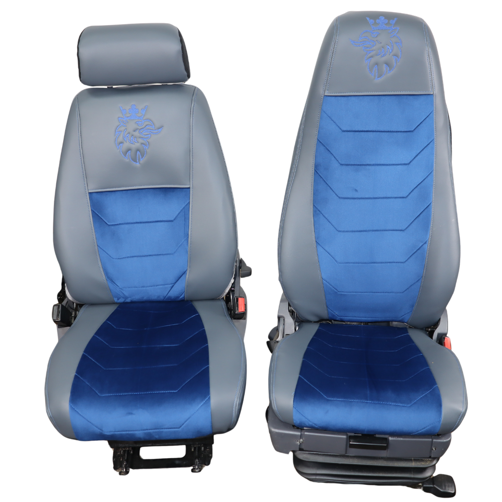 Чохол на сидіння SCANIA R,G,P (2004-2017) водій пілот - пас. складне, сіра шкіра синій велюр Чохол на сидіння SCANIA R,G,P (2004-2017) водій пілот - пас. складне, сіра шкіра синій велюр
