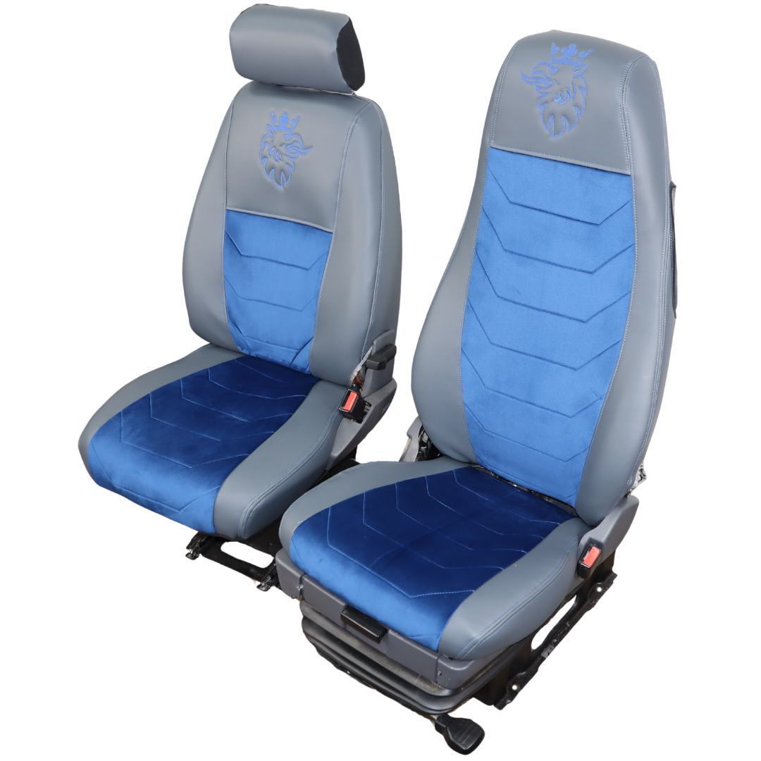 Чохол на сидіння SCANIA R,G,P (2004-2017) водій пілот - пас. складне, сіра шкіра синій велюр Чохол на сидіння SCANIA R,G,P (2004-2017) водій пілот - пас. складне, сіра шкіра синій велюр