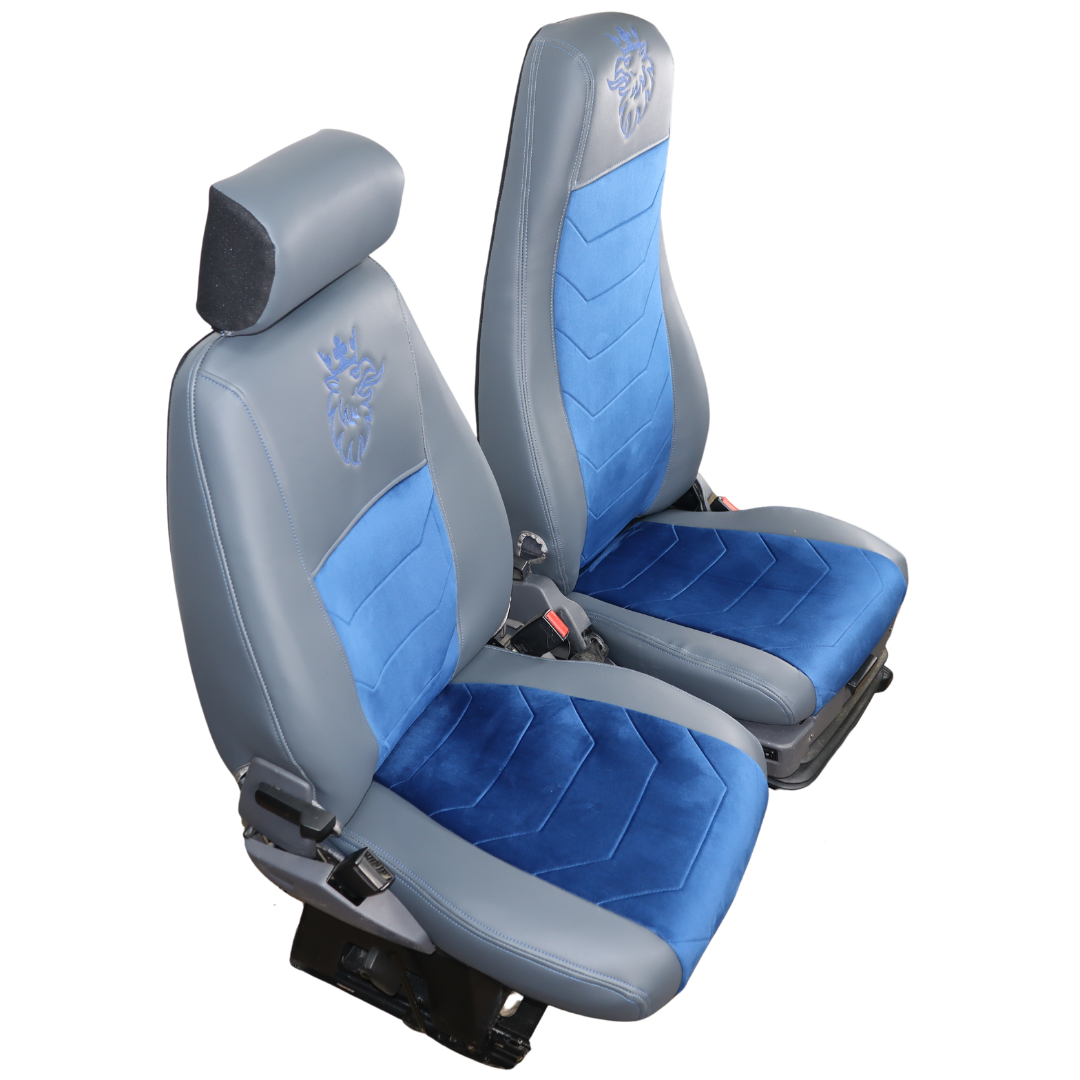 Чохол на сидіння SCANIA R,G,P (2004-2017) водій пілот - пас. складне, сіра шкіра синій велюр Чохол на сидіння SCANIA R,G,P (2004-2017) водій пілот - пас. складне, сіра шкіра синій велюр
