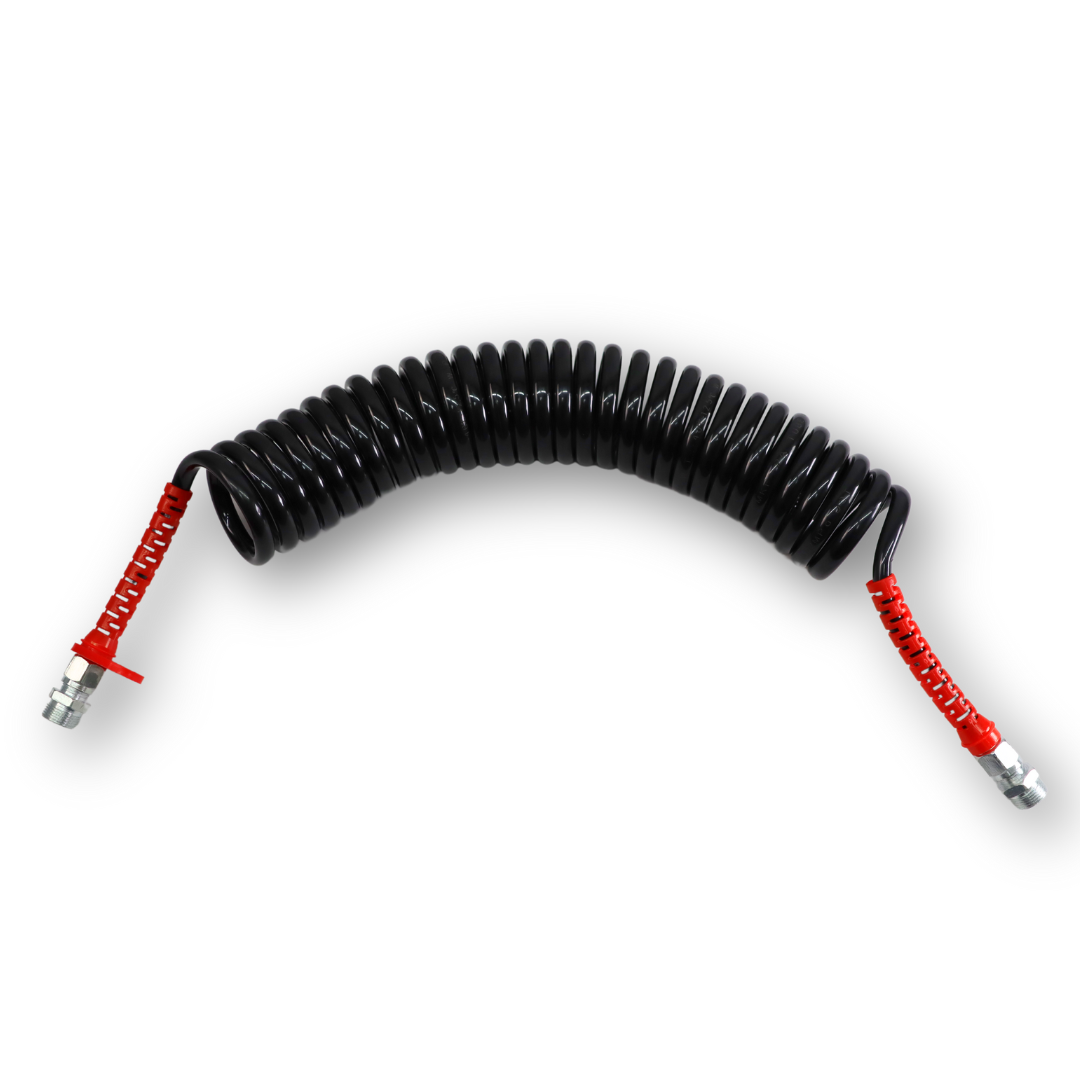 Шланг пневматический спиральный полиамидный (PA) черный с красными хвостовиками 7м М22*1,5 Шланг пневматический спиральный полиамидный (PA) черный с красными хвостовиками 7м М22*1,5