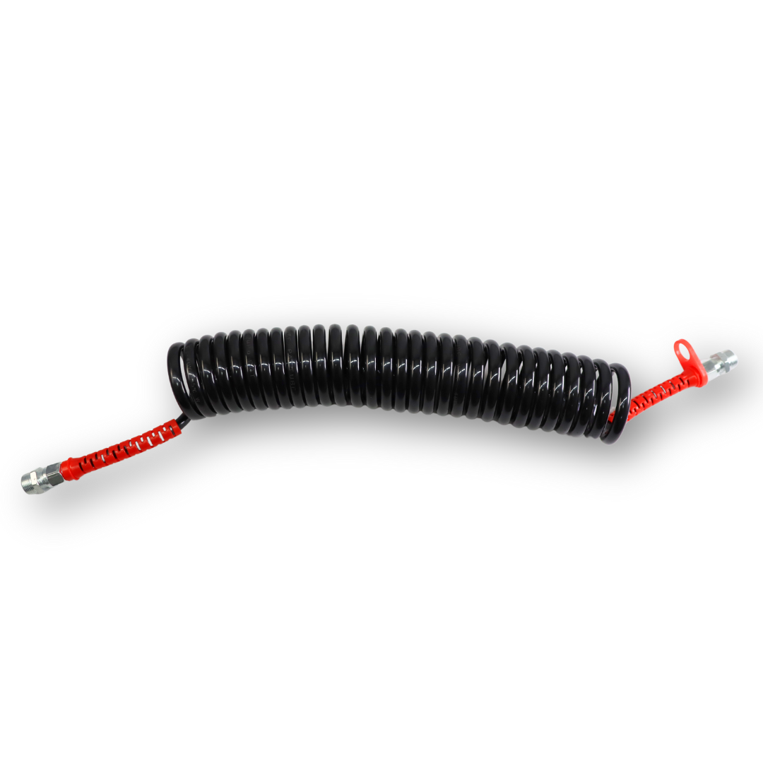 Шланг пневматический спиральный полиамидный (PA) черный с красными хвостовиками 7м М22*1,5 Шланг пневматический спиральный полиамидный (PA) черный с красными хвостовиками 7м М22*1,5