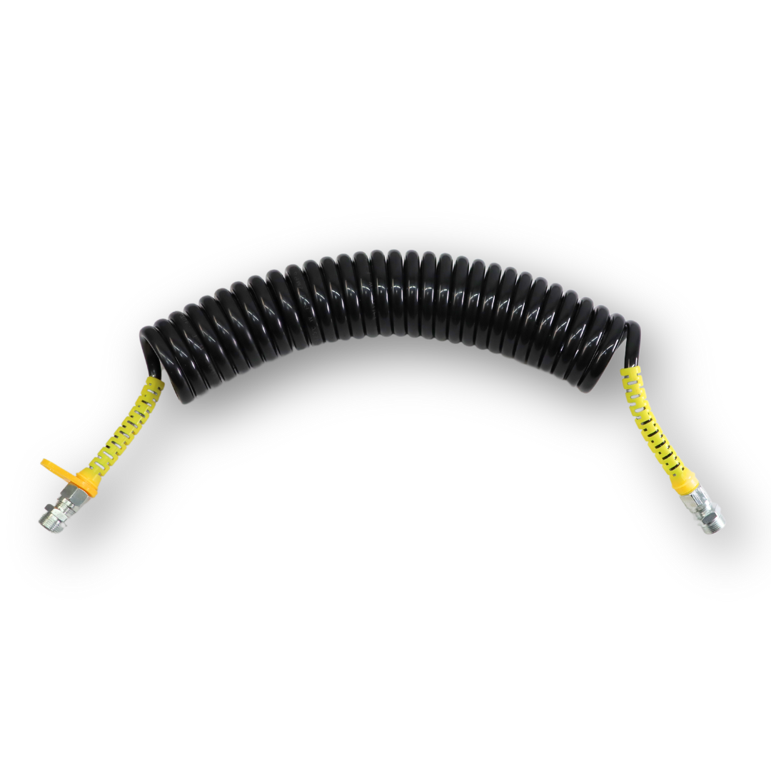Шланг пневматический спиральный полиамидный (PA) черный с желтыми хвостовиками 7м М22*1,5 Шланг пневматический спиральный полиамидный (PA) черный с желтыми хвостовиками 7м М22*1,5