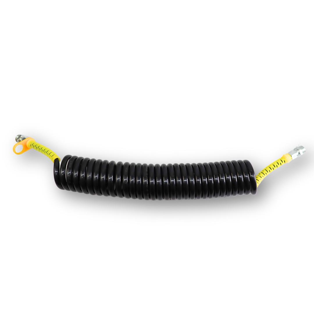 Шланг пневматический спиральный полиамидный (PA) черный с желтыми хвостовиками 7м М22*1,5 Шланг пневматический спиральный полиамидный (PA) черный с желтыми хвостовиками 7м М22*1,5