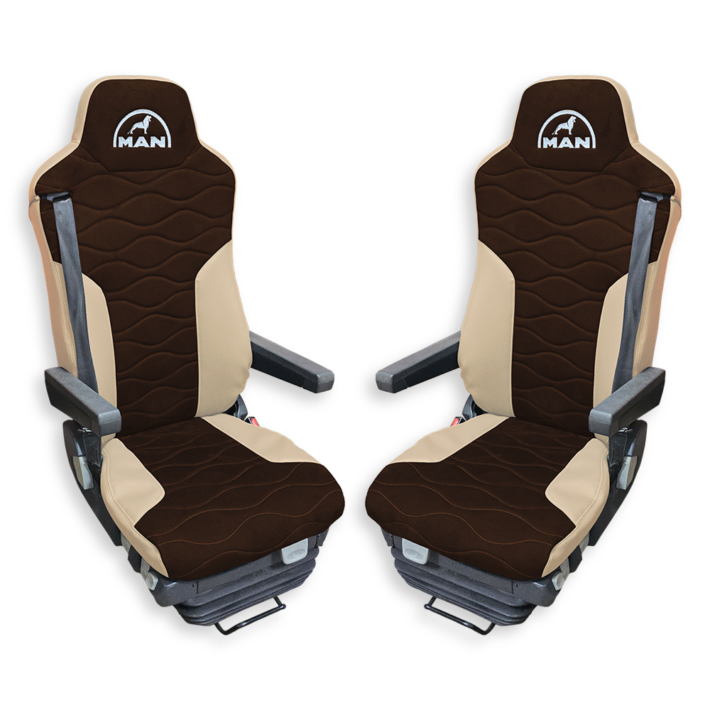 Чехол на сиденья MAN TGX,TGA,TGL,TGM,TGS; (2007-2020) 2 ремня, водитель и пассажир (Низкий) коричневая алькантара - бежевая кожа Чехол на сиденья MAN TGX,TGA,TGL,TGM,TGS; (2007-2020) 2 ремня, водитель и пассажир (Низкий) коричневая алькантара - бежевая кожа