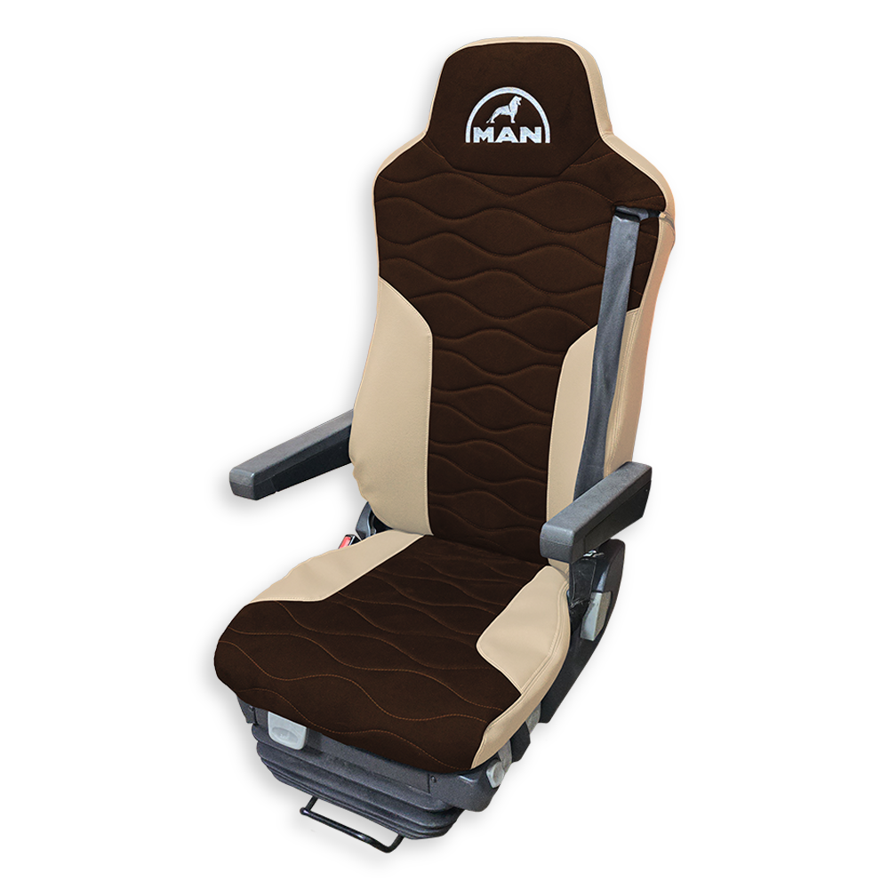 Чехол на сиденья MAN TGX,TGA,TGL,TGM,TGS; (2007-2020) 2 ремня, водитель и пассажир (Низкий) коричневая алькантара - бежевая кожа Чехол на сиденья MAN TGX,TGA,TGL,TGM,TGS; (2007-2020) 2 ремня, водитель и пассажир (Низкий) коричневая алькантара - бежевая кожа