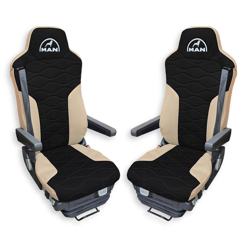 Чехол на сиденья MAN TGX,TGA,TGL,TGM,TGS; (2007-2020) 2 ремня, водитель и пассажир (Низкий) черная алькантара - бежевая кожа Чехол на сиденья MAN TGX,TGA,TGL,TGM,TGS; (2007-2020) 2 ремня, водитель и пассажир (Низкий) черная алькантара - бежевая кожа