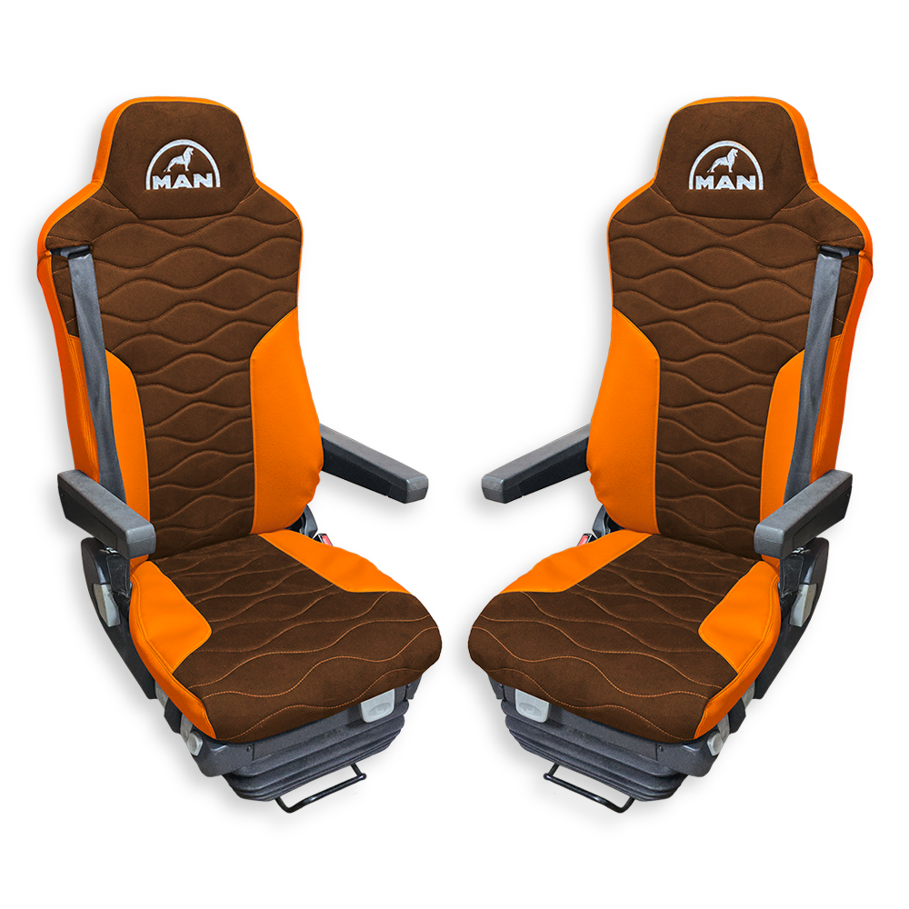 Чехол на сиденья Twin MAN TGX,TGA,TGL,TGM,TGS; (2007-2020) 2 ремня, водитель и пассажир (Низкий) св. коричневая алькантара - оранжевая кожа