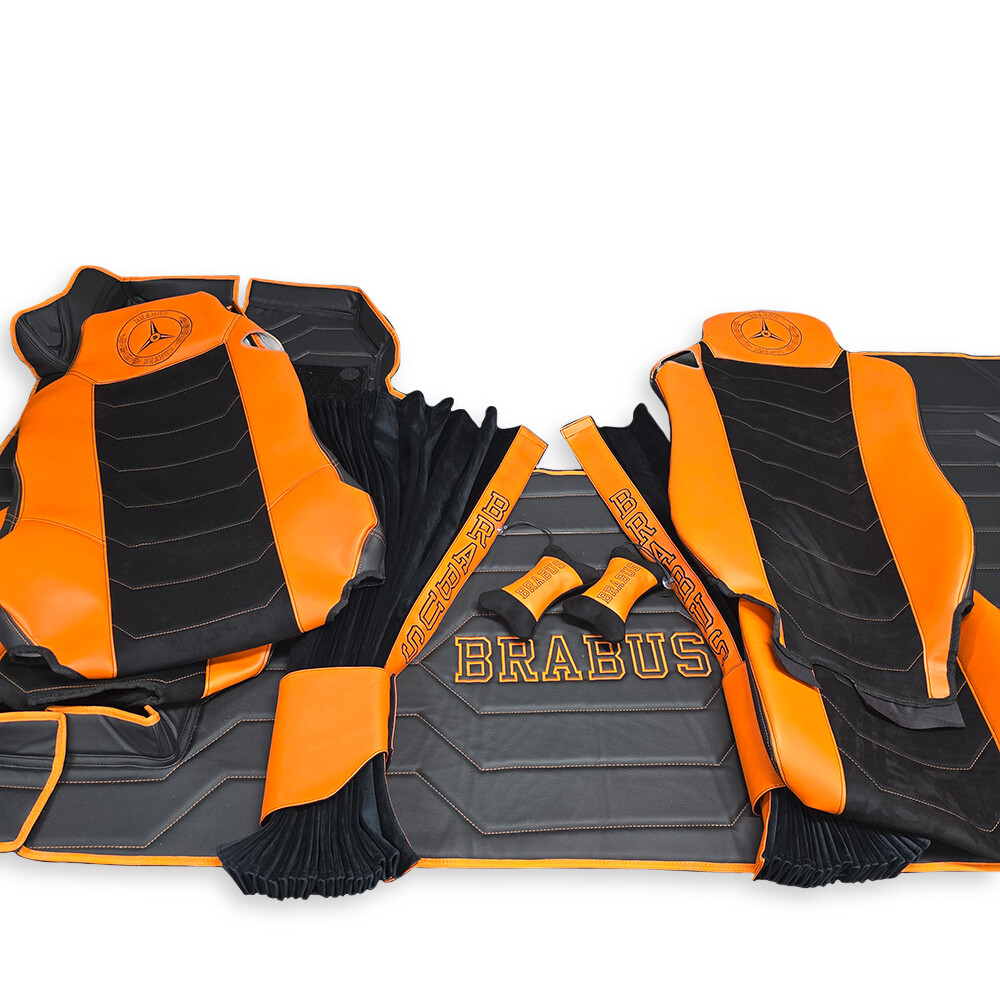 Чехол на сиденья Twin Mercedes ATEGO/AXOR/ACTROS, 2 ремня  пассажир складное, кожа оранжевая -алькантара черная