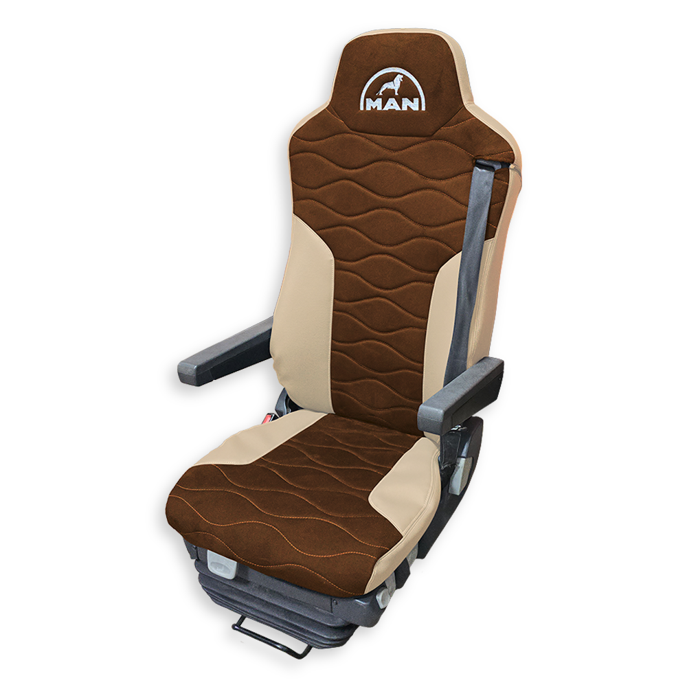 Чехол на сиденья Twin MAN TGX,TGA,TGL,TGM,TGS; (2007-2020) 2 ремня, водитель и пассажир (Низкий) св. коричневая алькантара - бежевая кожа