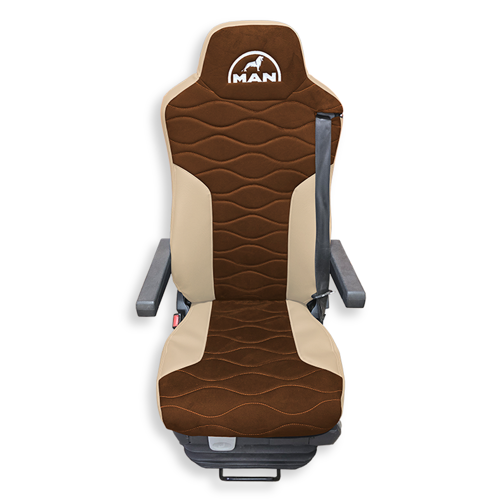 Чехол на сиденья Twin MAN TGX,TGA,TGL,TGM,TGS; (2007-2020) 2 ремня, водитель и пассажир (Низкий) св. коричневая алькантара - бежевая кожа