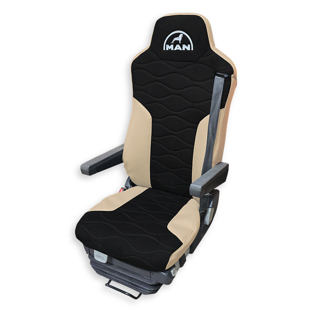 Чехол на сиденья MAN TGX,TGA,TGL,TGM,TGS; (2007-2020) 2 ремня, водитель и пассажир (Низкий) черная алькантара - бежевая кожа Чехол на сиденья MAN TGX,TGA,TGL,TGM,TGS; (2007-2020) 2 ремня, водитель и пассажир (Низкий) черная алькантара - бежевая кожа