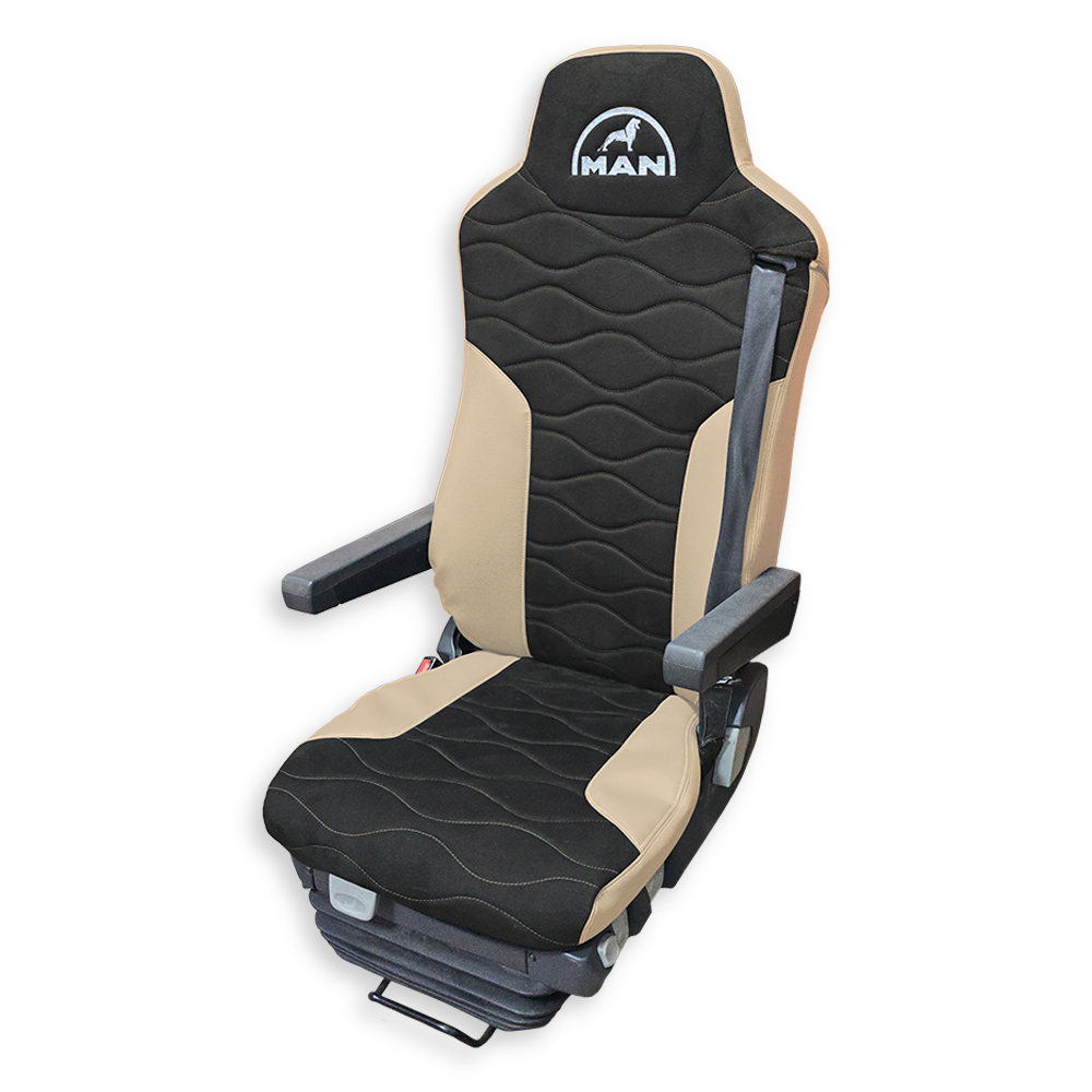 Чехол на сиденья MAN TGX,TGA,TGL,TGM,TGS; (2007-2020) 2 ремня, водитель и пассажир (Низкий) т. серая алькантара - бежевая кожа Чехол на сиденья MAN TGX,TGA,TGL,TGM,TGS; (2007-2020) 2 ремня, водитель и пассажир (Низкий) т. серая алькантара - бежевая кожа