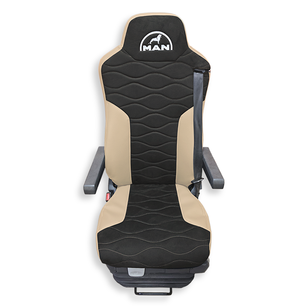 Чехол на сиденья MAN TGX,TGA,TGL,TGM,TGS; (2007-2020) 2 ремня, водитель и пассажир (Низкий) т. серая алькантара - бежевая кожа Чехол на сиденья MAN TGX,TGA,TGL,TGM,TGS; (2007-2020) 2 ремня, водитель и пассажир (Низкий) т. серая алькантара - бежевая кожа