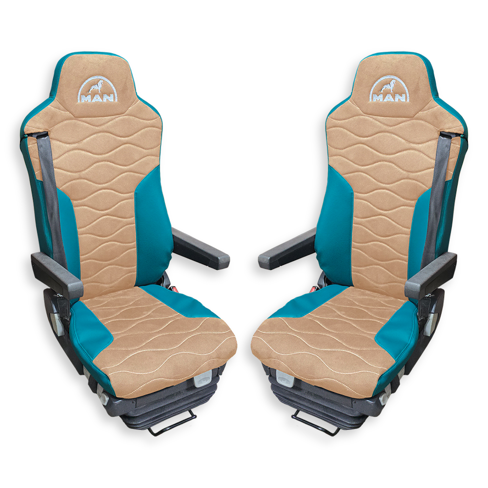 Чохол на сидіння MAN TGX, TGA, TGL, TGM, TGS; (2007-2020) 2 ременя, водій та пасажир (Низький) бежева алькантара - бірюзова шкіра Чохол на сидіння MAN TGX, TGA, TGL, TGM, TGS; (2007-2020) 2 ременя, водій та пасажир (Низький) бежева алькантара - бірюзова шкіра