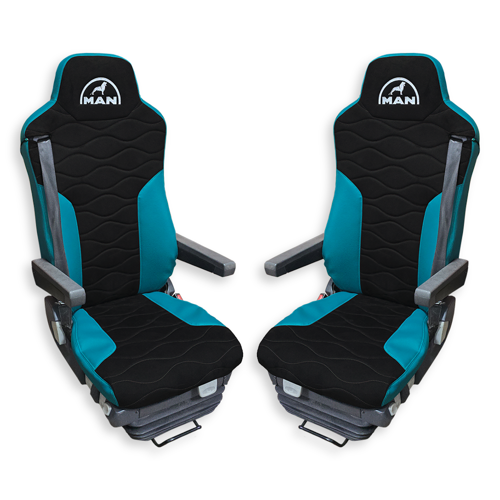 Чехол на сиденья MAN TGX,TGA,TGL,TGM,TGS; (2007-2020) 2 ремня, водитель и пассажир (Низкий) черная алькантара - бирюзовая кожа Чехол на сиденья MAN TGX,TGA,TGL,TGM,TGS; (2007-2020) 2 ремня, водитель и пассажир (Низкий) черная алькантара - бирюзовая кожа