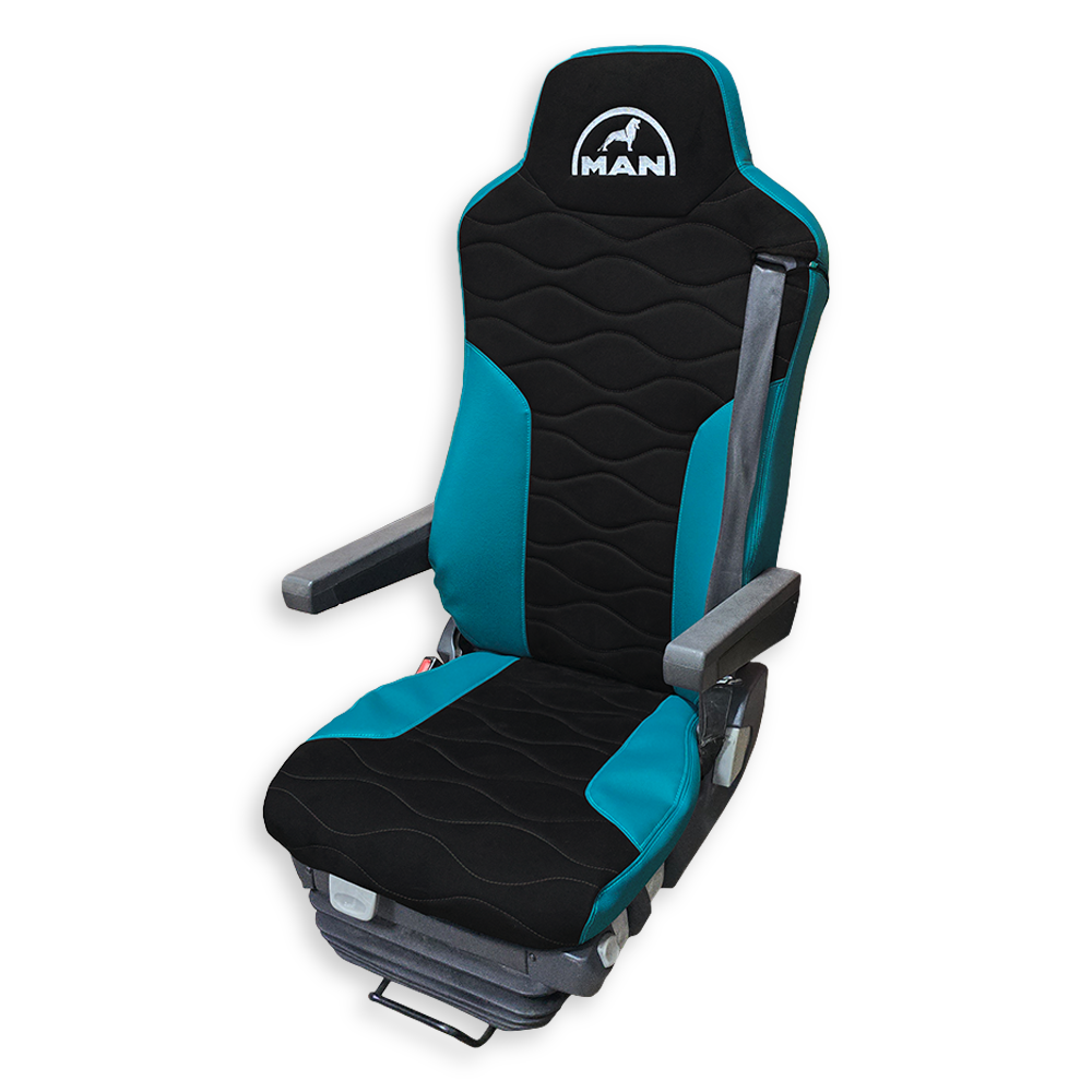 Чехол на сиденья MAN TGX,TGA,TGL,TGM,TGS; (2007-2020) 2 ремня, водитель и пассажир (Низкий) черная алькантара - бирюзовая кожа Чехол на сиденья MAN TGX,TGA,TGL,TGM,TGS; (2007-2020) 2 ремня, водитель и пассажир (Низкий) черная алькантара - бирюзовая кожа