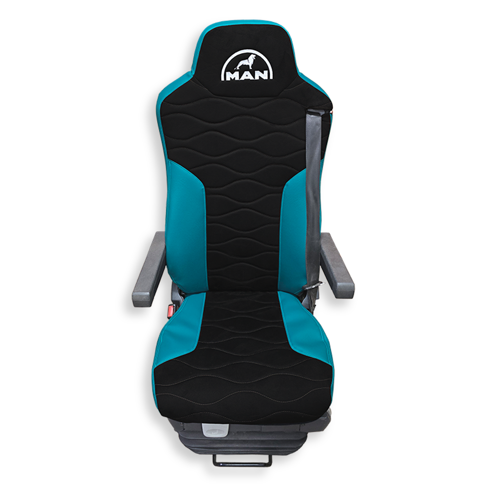 Чехол на сиденья MAN TGX,TGA,TGL,TGM,TGS; (2007-2020) 2 ремня, водитель и пассажир (Низкий) черная алькантара - бирюзовая кожа Чехол на сиденья MAN TGX,TGA,TGL,TGM,TGS; (2007-2020) 2 ремня, водитель и пассажир (Низкий) черная алькантара - бирюзовая кожа