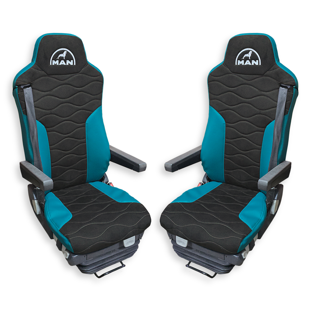 Чехол на сиденья MAN TGX,TGA,TGL,TGM,TGS; (2007-2020) 2 ремня, водитель и пассажир (Низкий) т.серая алькантара - бирюзовая кожа Чехол на сиденья MAN TGX,TGA,TGL,TGM,TGS; (2007-2020) 2 ремня, водитель и пассажир (Низкий) т.серая алькантара - бирюзовая кожа