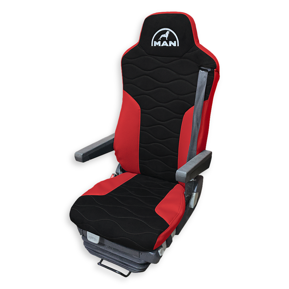 Чехол на сиденья MAN TGX,TGA,TGL,TGM,TGS; (2007-2020) 2 ремня, водитель и пассажир (Низкий) черная алькантара - красная кожа