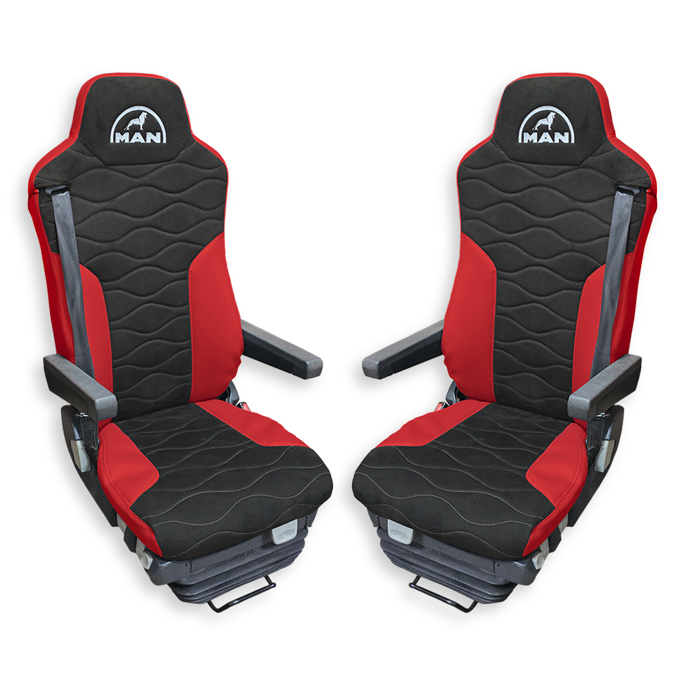 Чехол на сиденья MAN TGX,TGA,TGL,TGM,TGS; (2007-2020) 2 ремня, водитель и пассажир (Низкий) т.серая алькантара - красная кожа Чехол на сиденья MAN TGX,TGA,TGL,TGM,TGS; (2007-2020) 2 ремня, водитель и пассажир (Низкий) т.серая алькантара - красная кожа